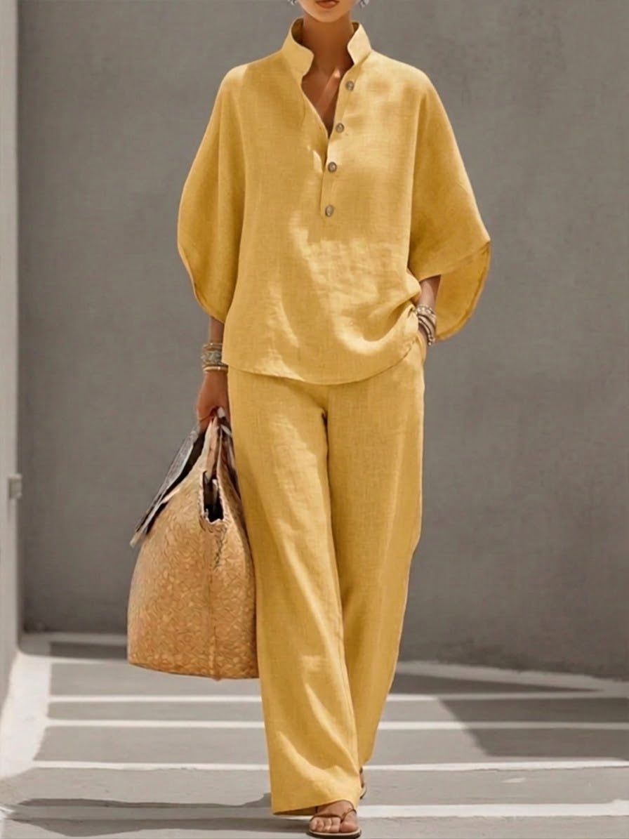 Jovixa - Ensemble Fluide Coton Lin Manches Amples & Pantalon Large