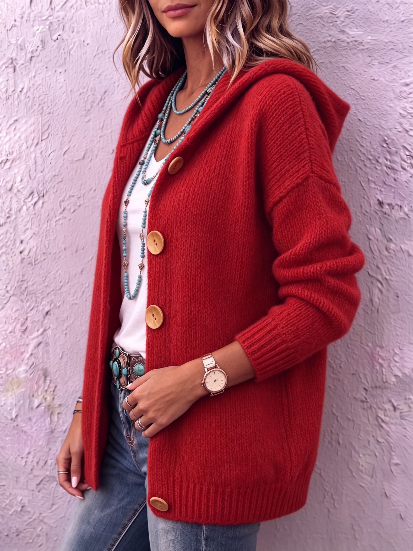 Ingrid - Cardigan femme en maille à capuche avec boutons