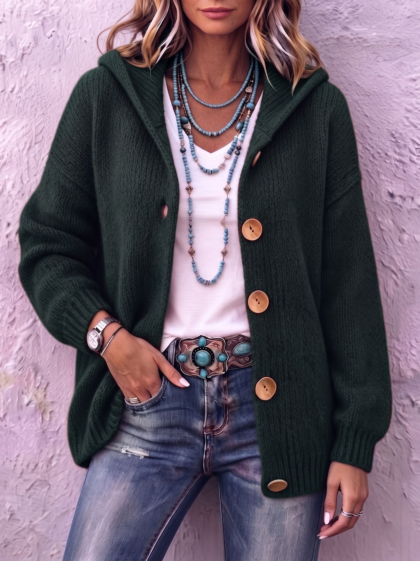 Ingrid - Cardigan femme en maille à capuche avec boutons