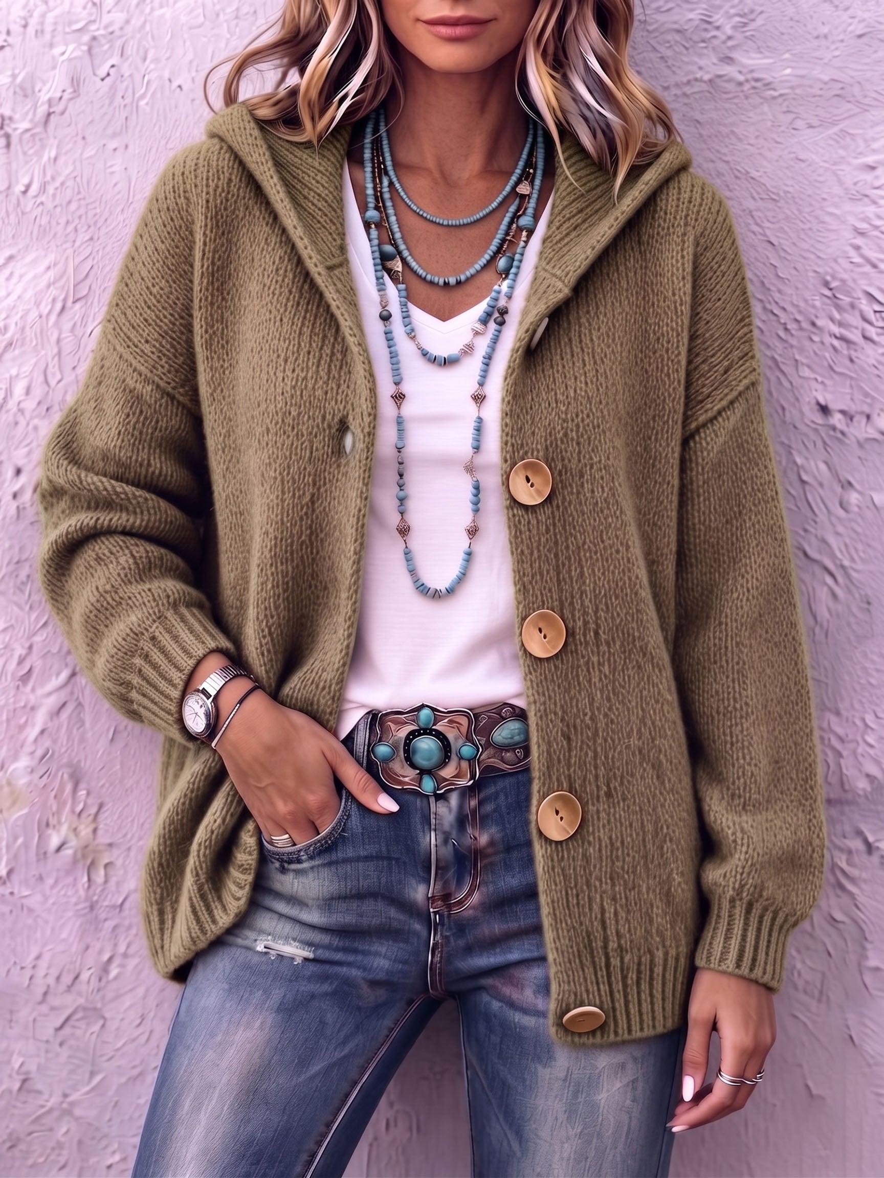 Ingrid - Cardigan femme en maille à capuche avec boutons