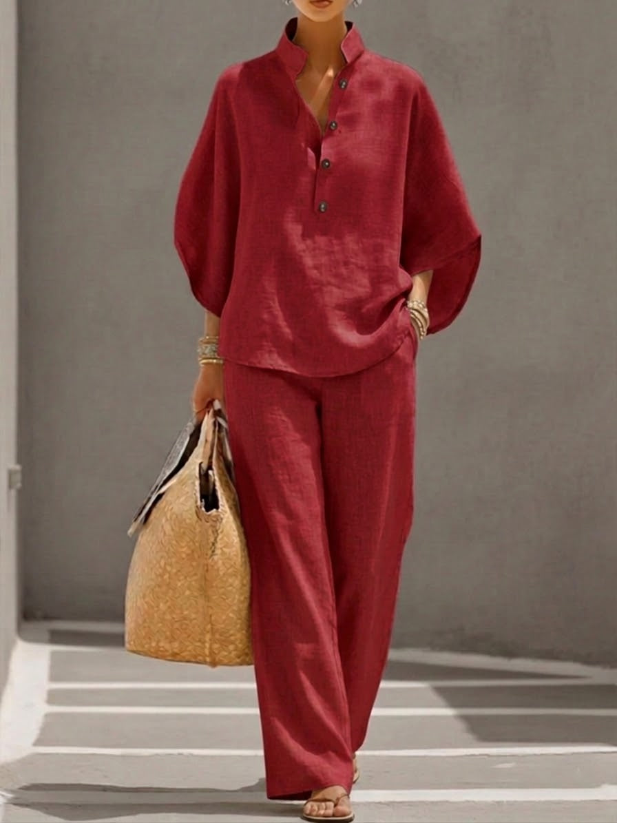 Jovixa - Ensemble Fluide Coton Lin Manches Amples & Pantalon Large