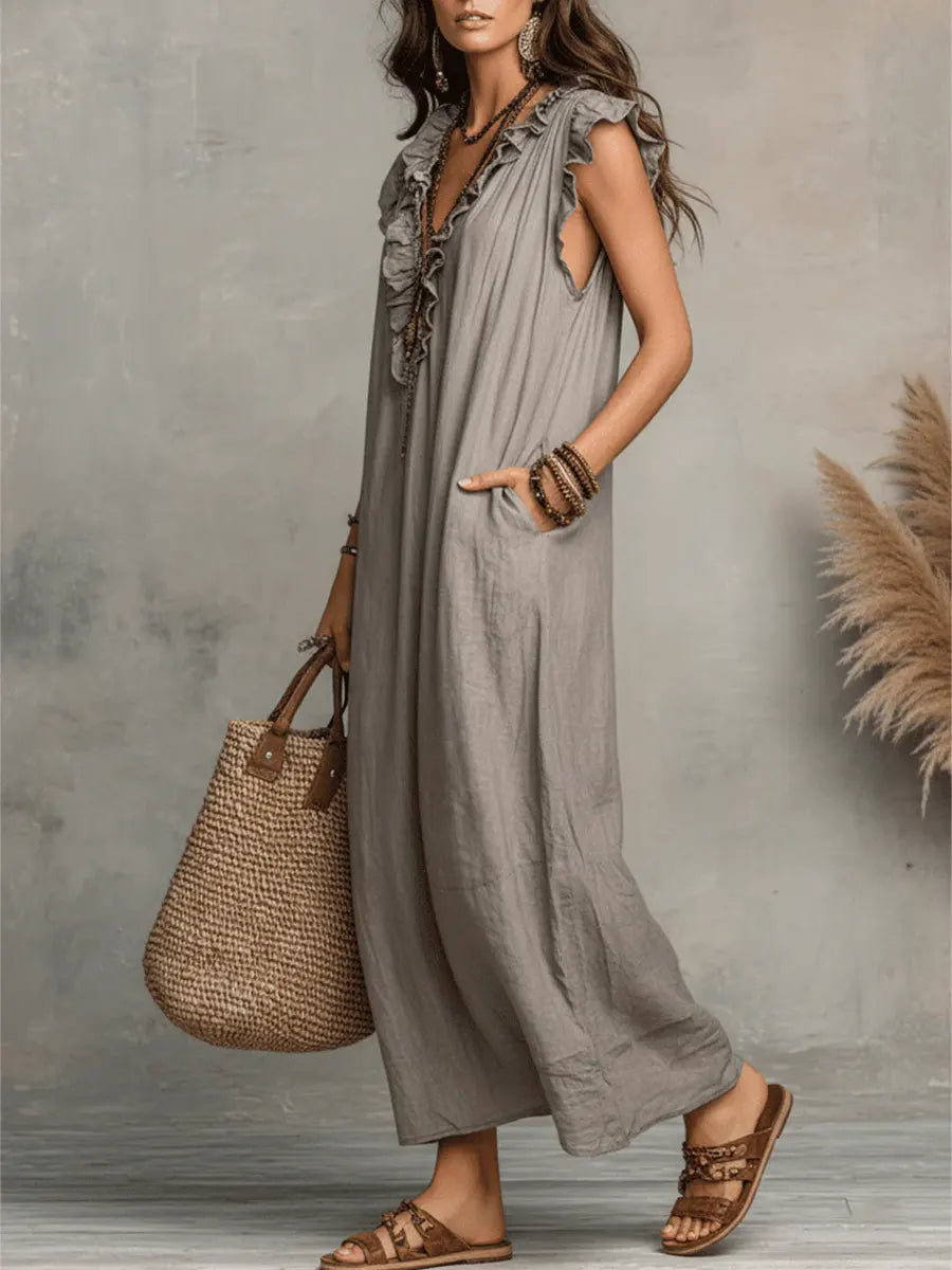 Izzellea - Robe Femme Longue Bohème Lin Coton Coupe Fluide Volants Élégants