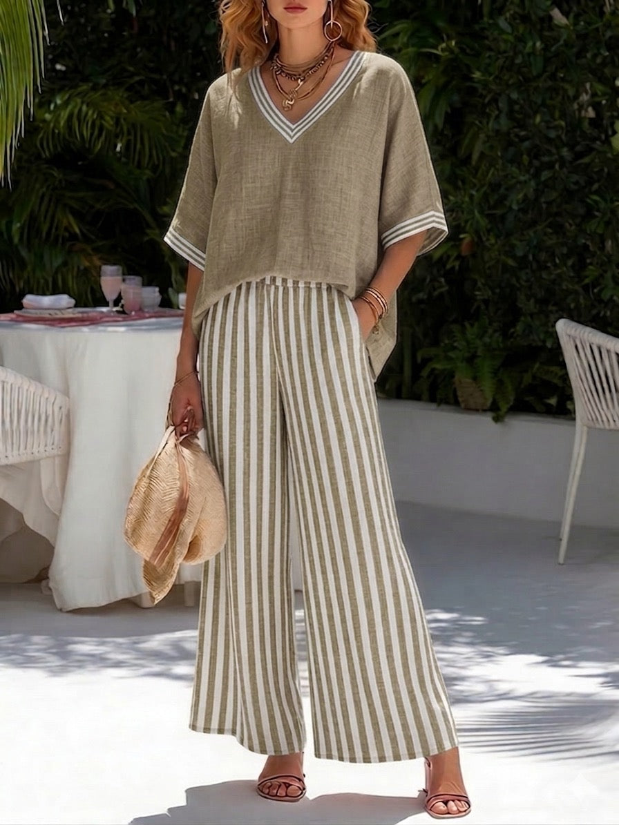 Gorixa - Ensemble Femme Lin Coton Rayé Coupe Large Style Estival Élégant