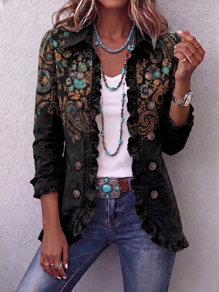 Hazel - Veste femme bohème à volants et imprimé paisley