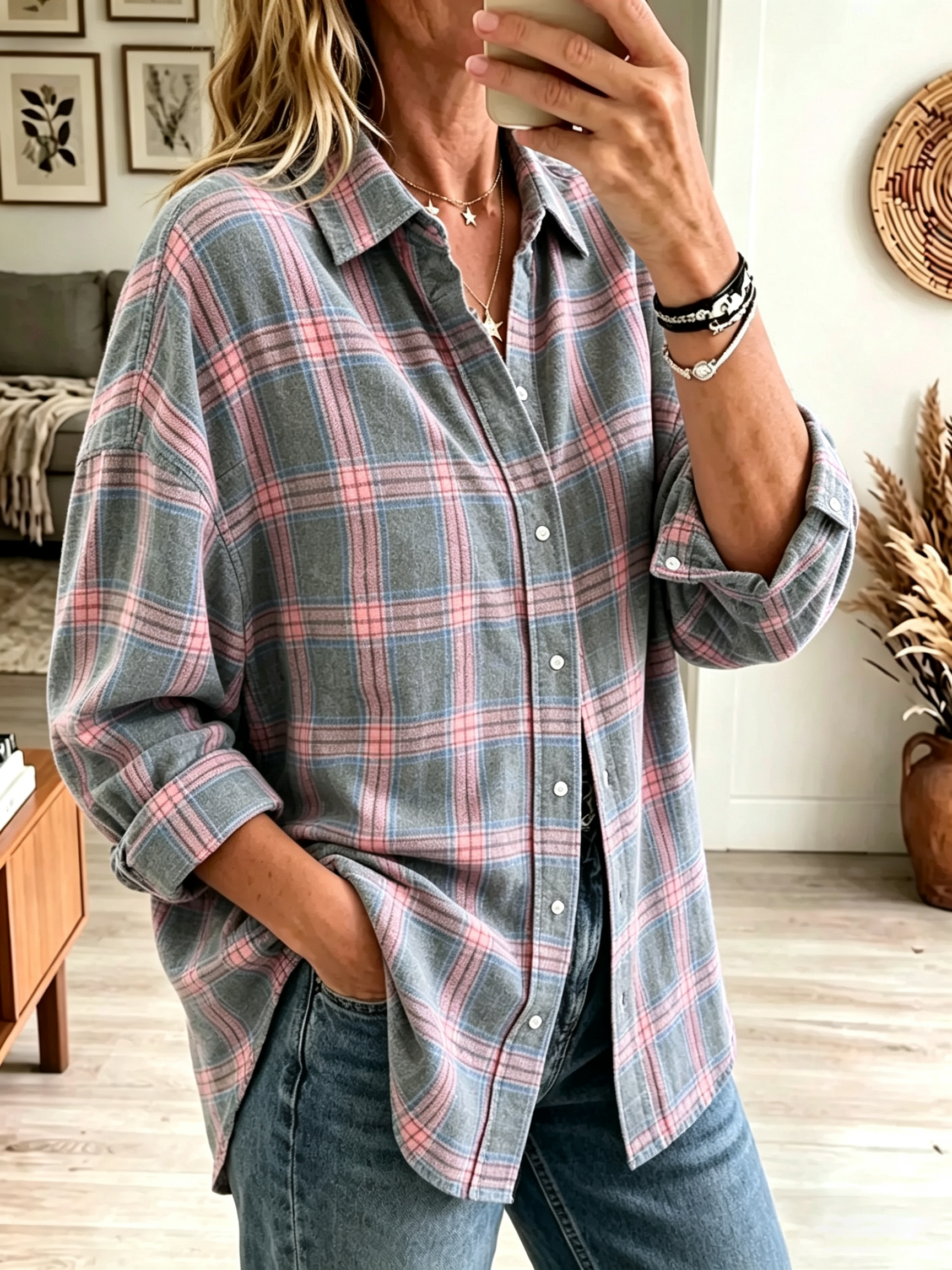 Oona - Chemise femme oversize à carreaux avec poches boutonnées