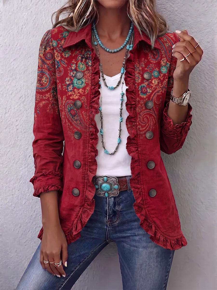 Hazel - Veste femme bohème à volants et imprimé paisley