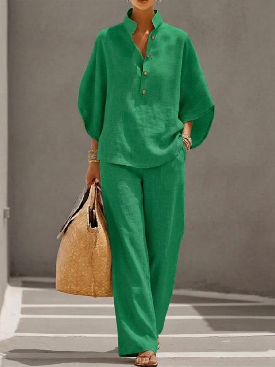 Jovixa - Ensemble Fluide Coton Lin Manches Amples & Pantalon Large