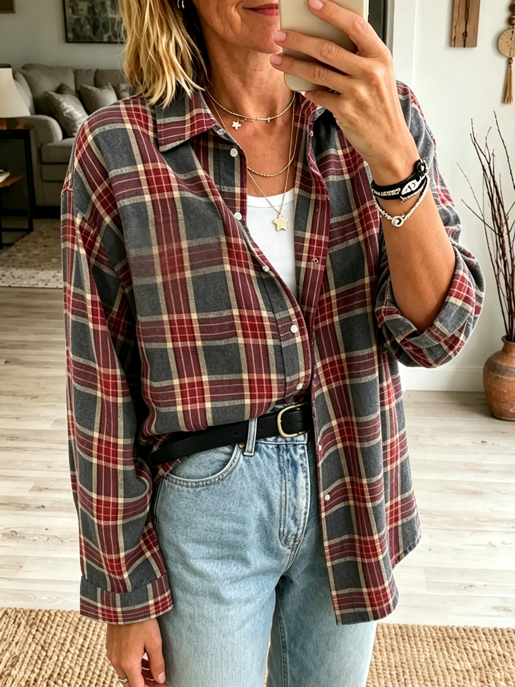 Oona - Chemise femme oversize à carreaux avec poches boutonnées