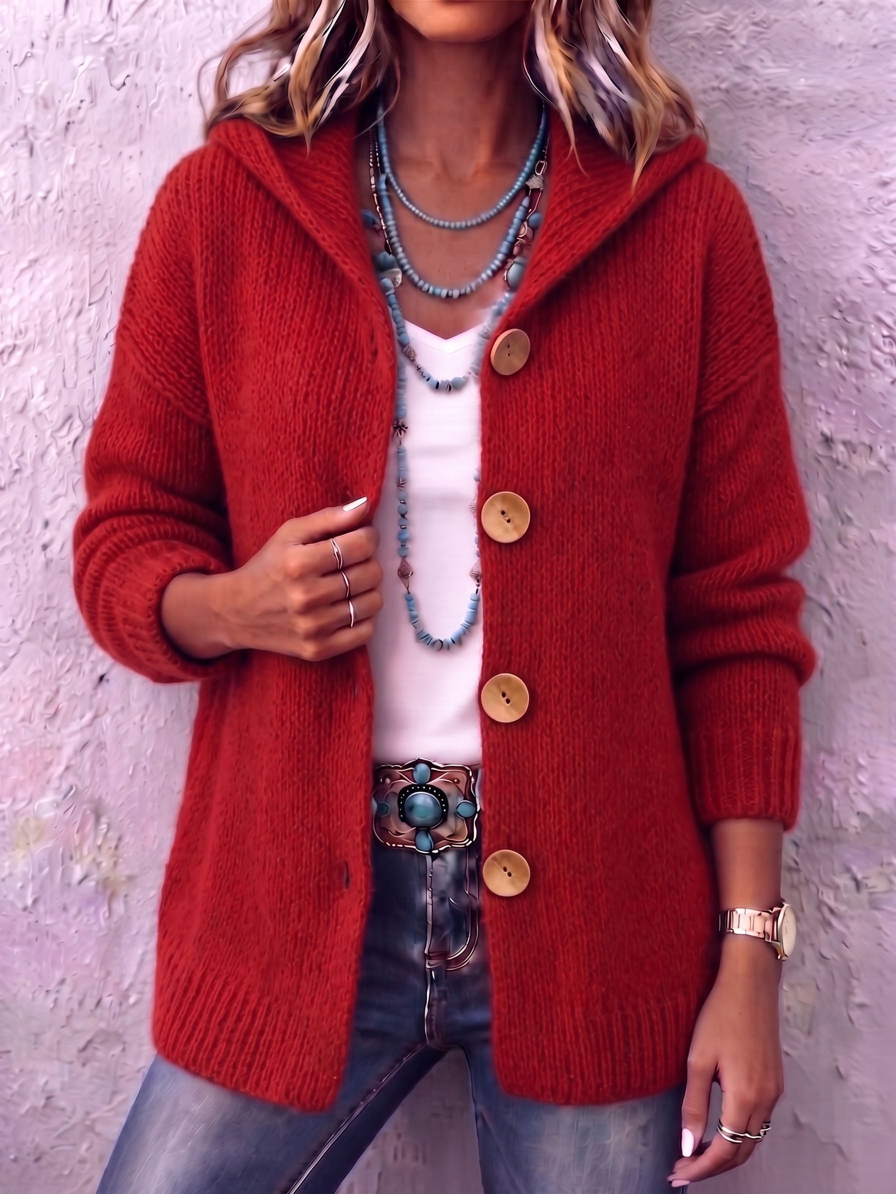 Ingrid - Cardigan femme en maille à capuche avec boutons