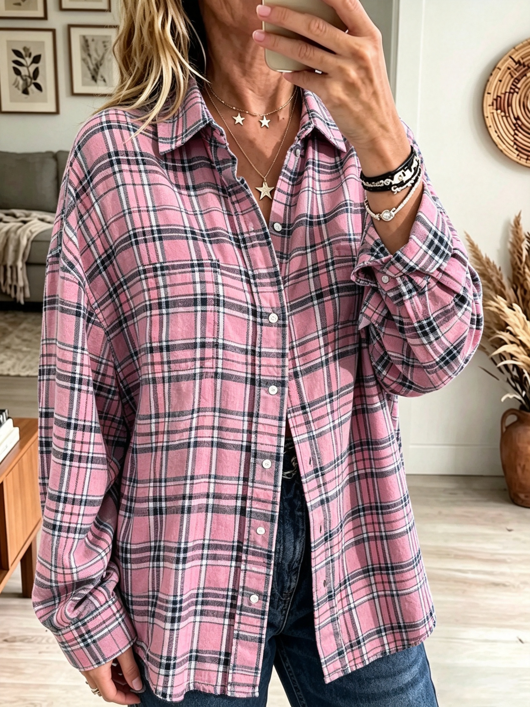 Oona - Chemise femme oversize à carreaux avec poches boutonnées