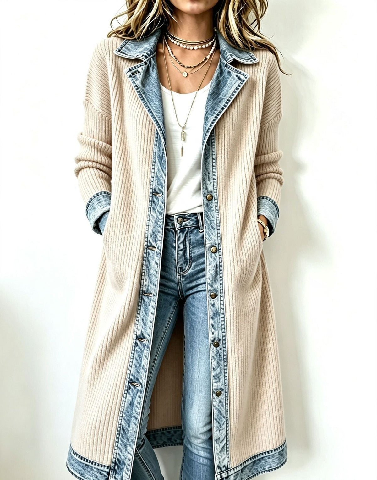 Béryl - Women's long ribbed knit cardigan with denim trim