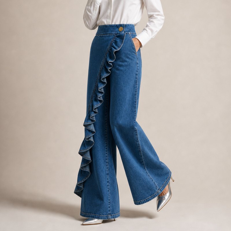 Izzavelle - Pantalon femme large en denim à volants style jupe-pantalon élégant