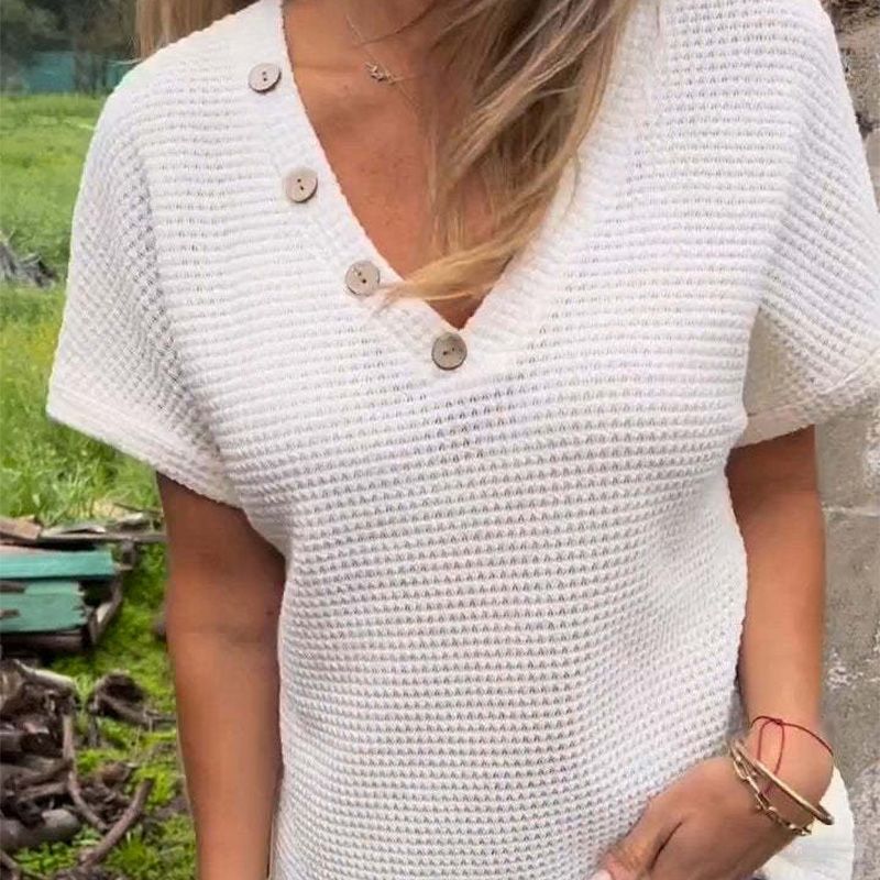 Adina - Pull élégant à décolleté en V avec manches courtes et boutons