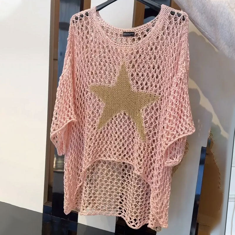 Honoria - Mode Femme Top en Crochet Tricot Réseau Col Rond