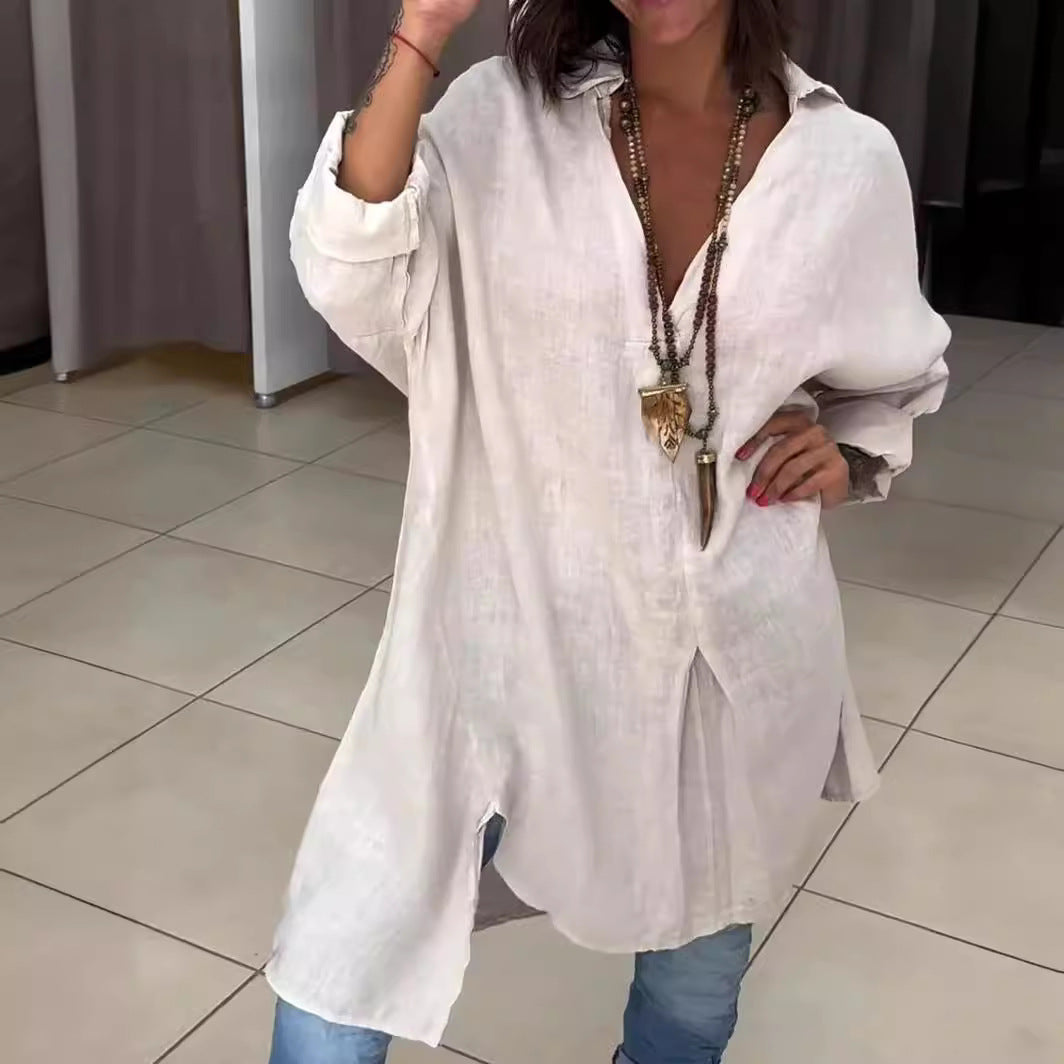 Melis - Chemise d'été en coton et lin avec décolleté en V
