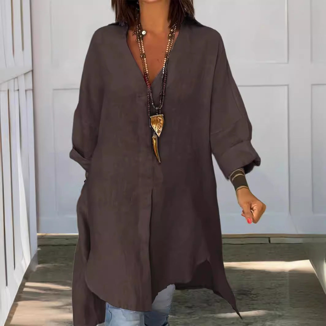Marine - Chemise décontractée en lin et coton, col V