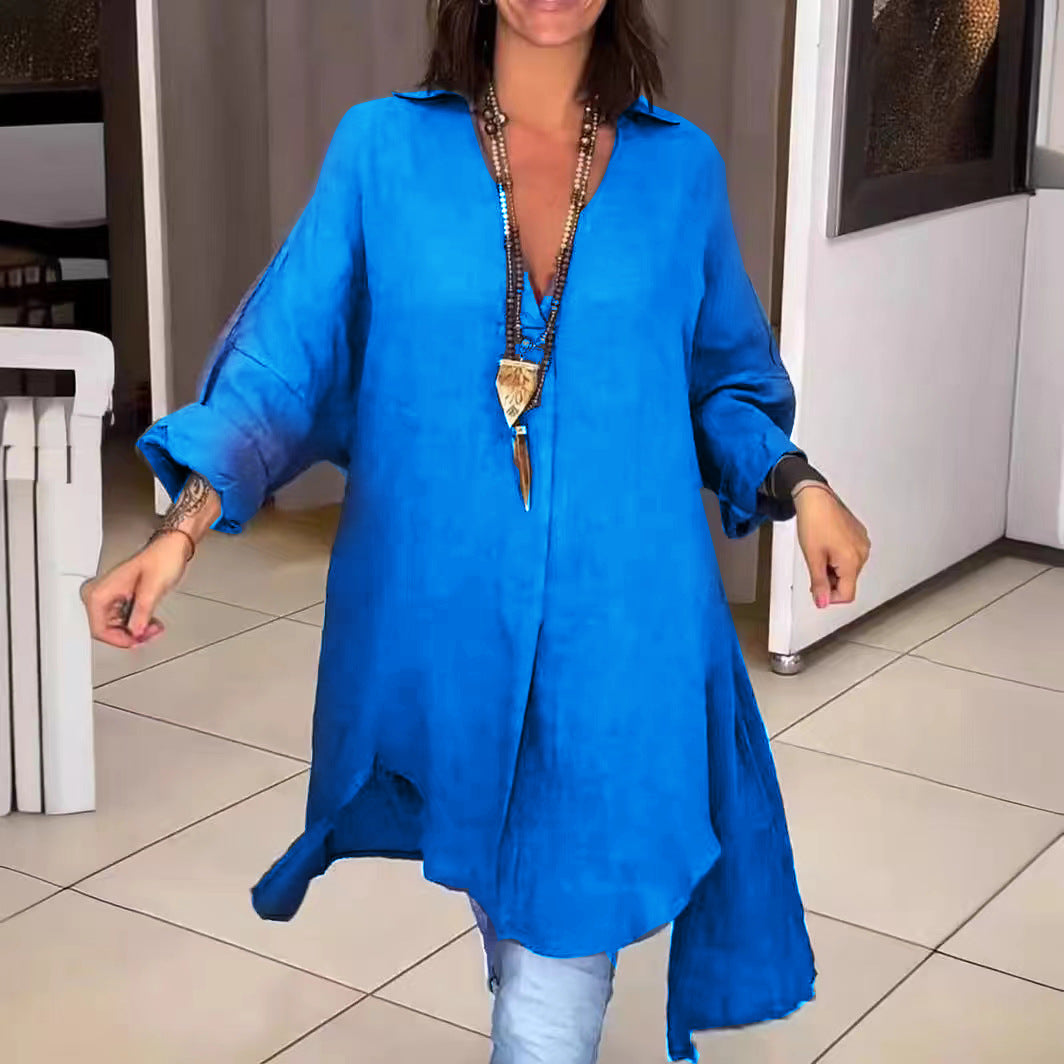 Marine - Chemise décontractée en lin et coton, col V