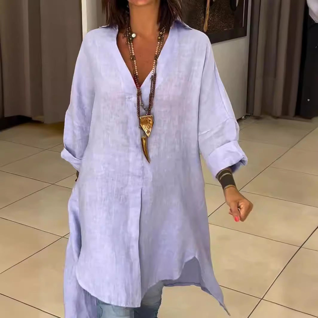 Marine - Chemise décontractée en lin et coton, col V
