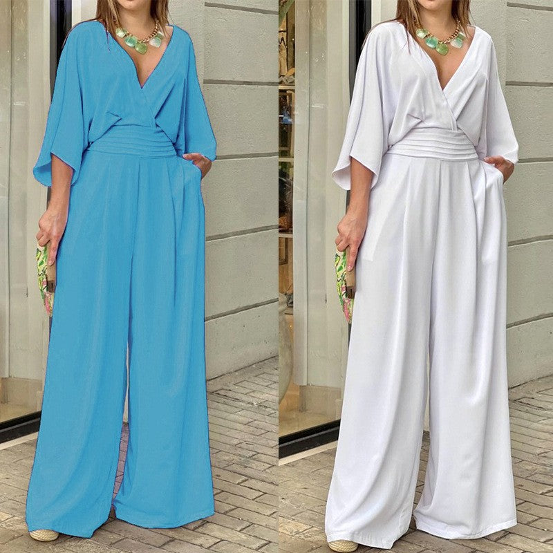 Domitille - Combinaison femme élégante à col V et jambes larges
