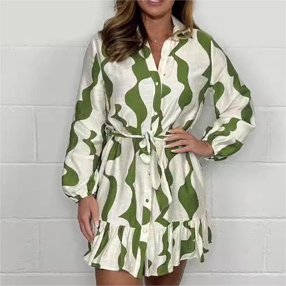 Perlina - Robe Chemise à Rayures Irrégulières avec Col Revers et Ceinture à Nouer