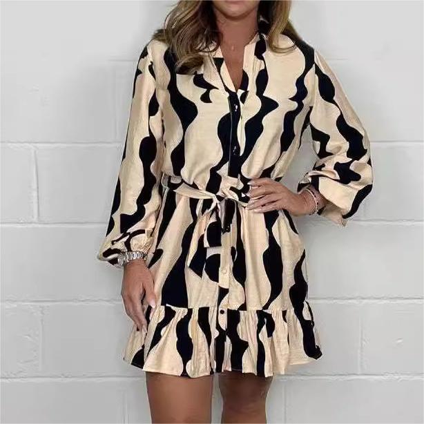 Perlina - Robe Chemise à Rayures Irrégulières avec Col Revers et Ceinture à Nouer