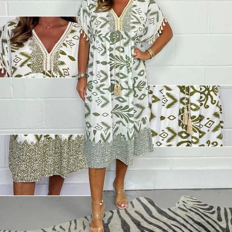 Juline - Robe décontractée imprimée avec décolleté en V et franges sur les manches courtes