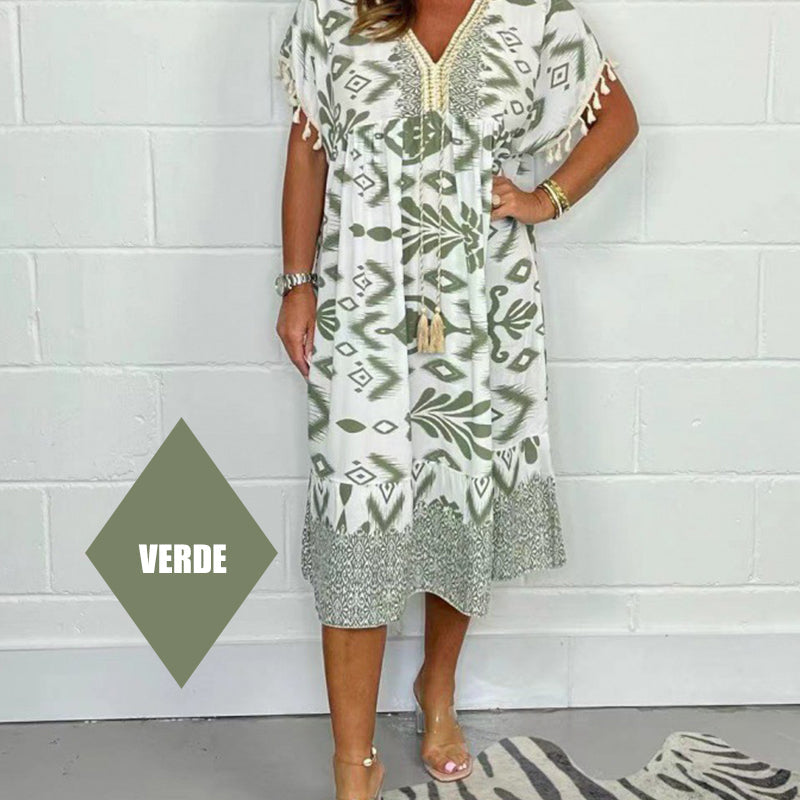 Juline - Robe décontractée imprimée avec décolleté en V et franges sur les manches courtes