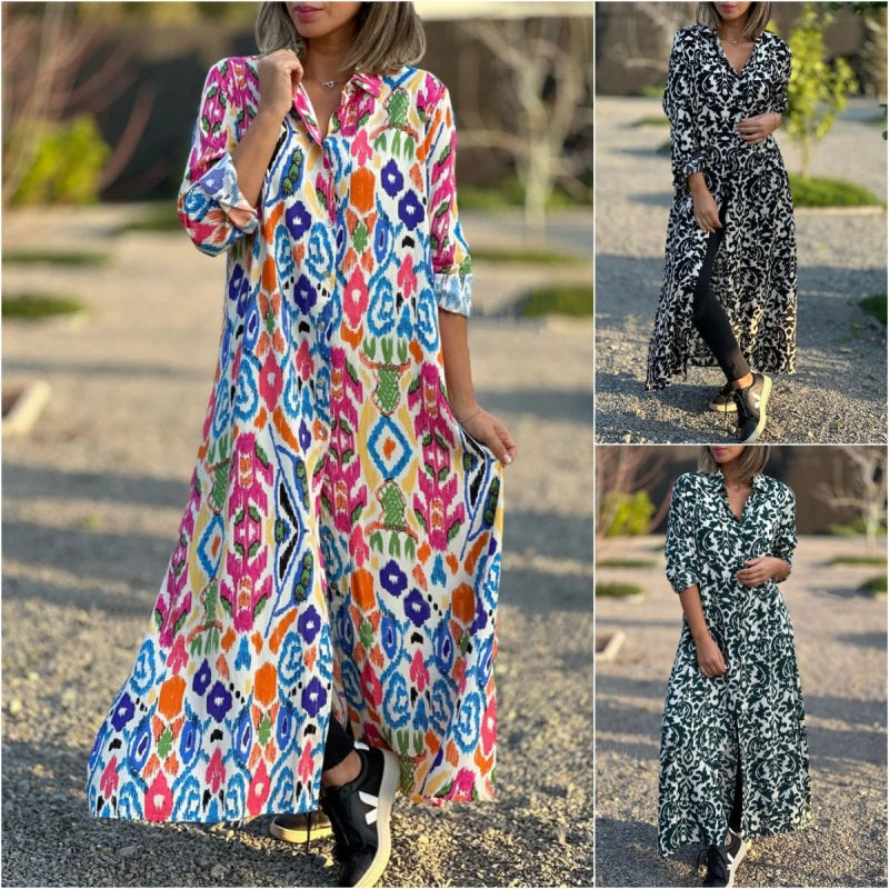 Ivonne - Robe Longue Fleurie à Manches Longues avec Col Chemise