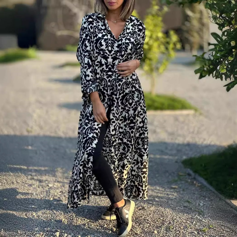 Ivonne - Robe Longue Fleurie à Manches Longues avec Col Chemise
