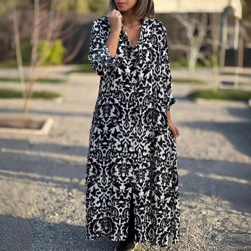 Ivonne - Robe Longue Fleurie à Manches Longues avec Col Chemise