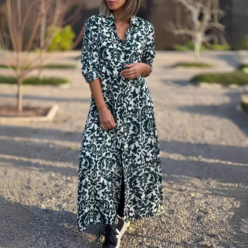 Ivonne - Robe Longue Fleurie à Manches Longues avec Col Chemise