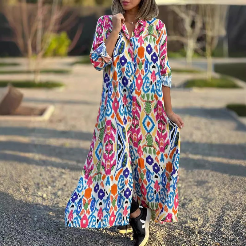 Ivonne - Robe Longue Fleurie à Manches Longues avec Col Chemise
