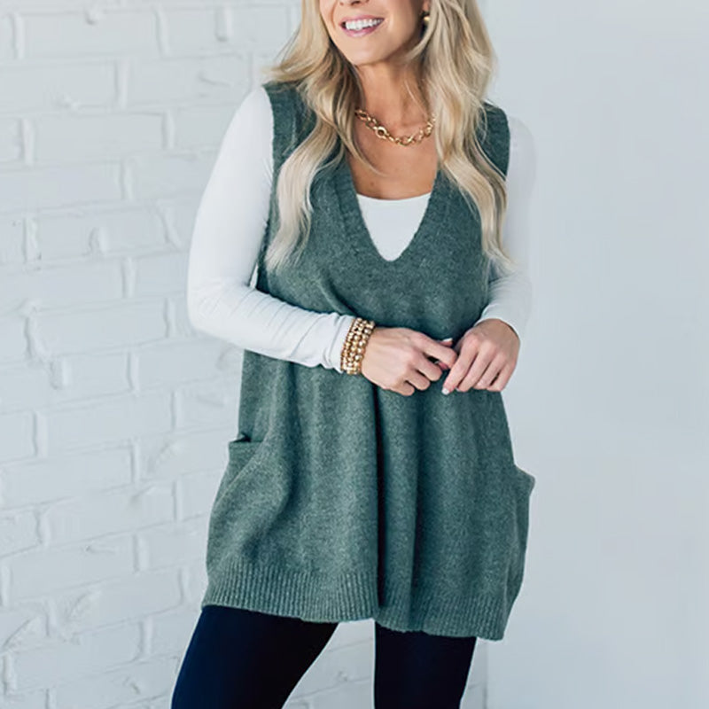 Carole - Gilet Tricot Sans Manches avec Poches et Col en V