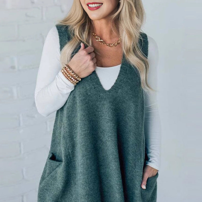 Carole - Gilet Tricot Sans Manches avec Poches et Col en V