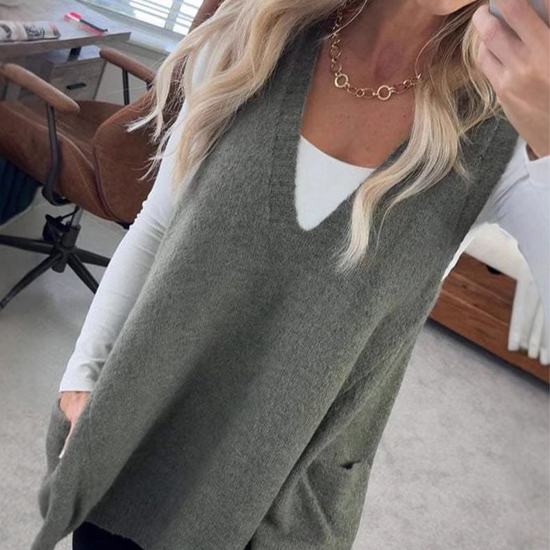 Carole - Gilet Tricot Sans Manches avec Poches et Col en V