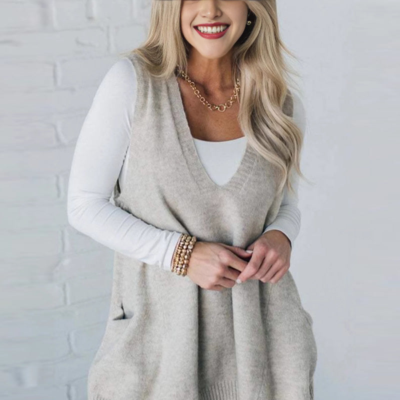 Carole - Gilet Tricot Sans Manches avec Poches et Col en V