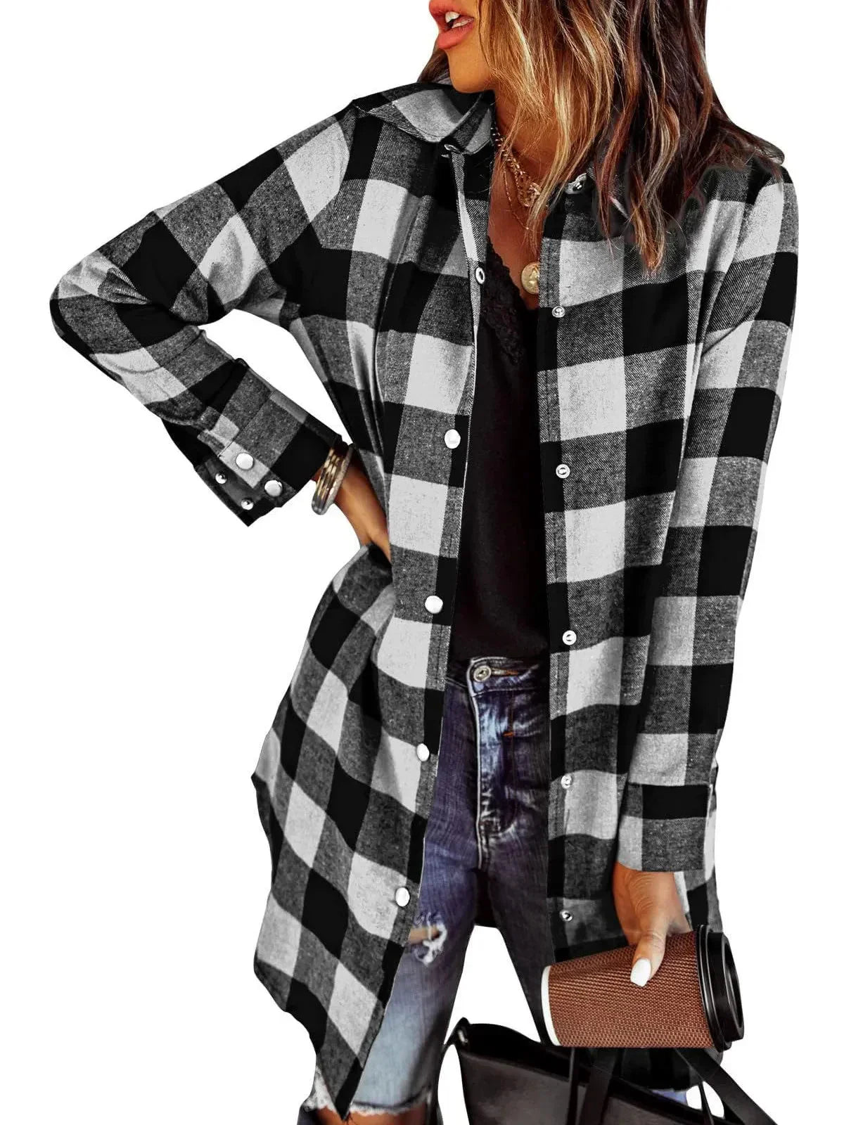 Larissa - Veste Chemise Longue à Carreaux Élégante