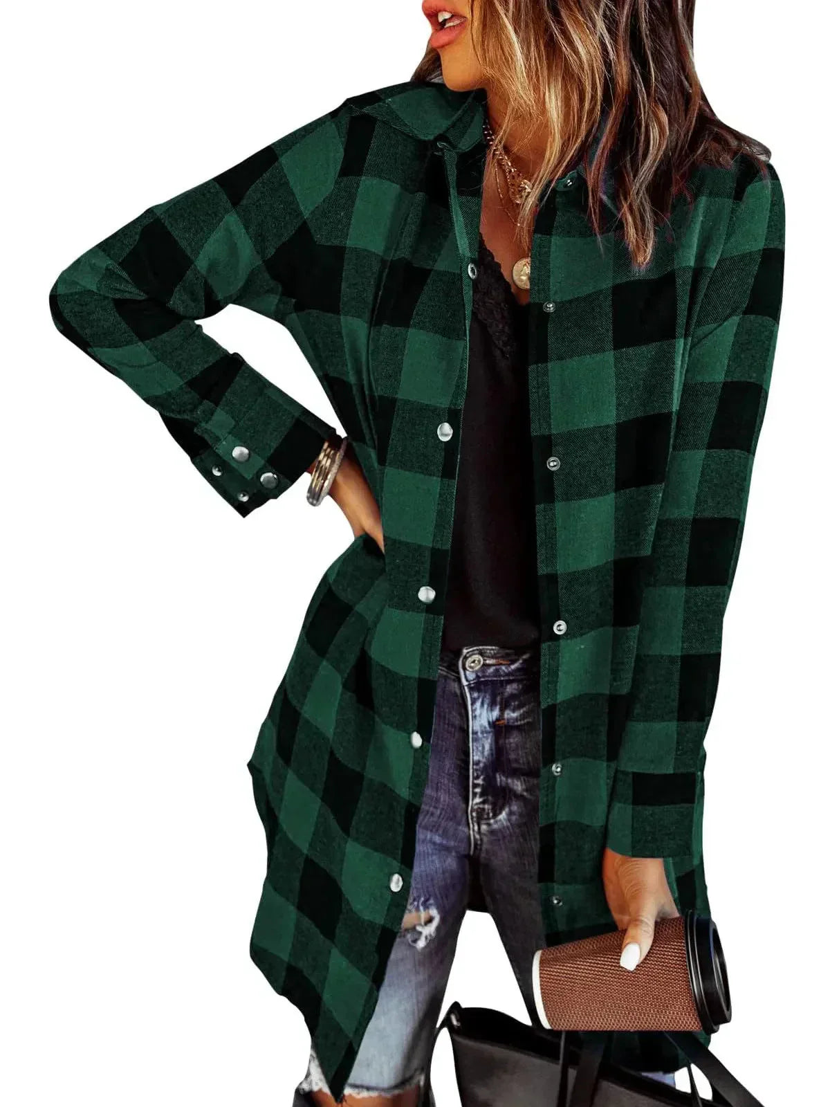 Larissa - Veste Chemise Longue à Carreaux Élégante
