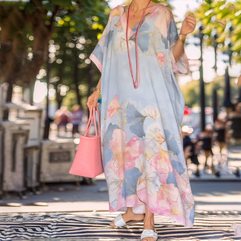 Myrelith - Robe femme longue fluide à imprimé floral et col V