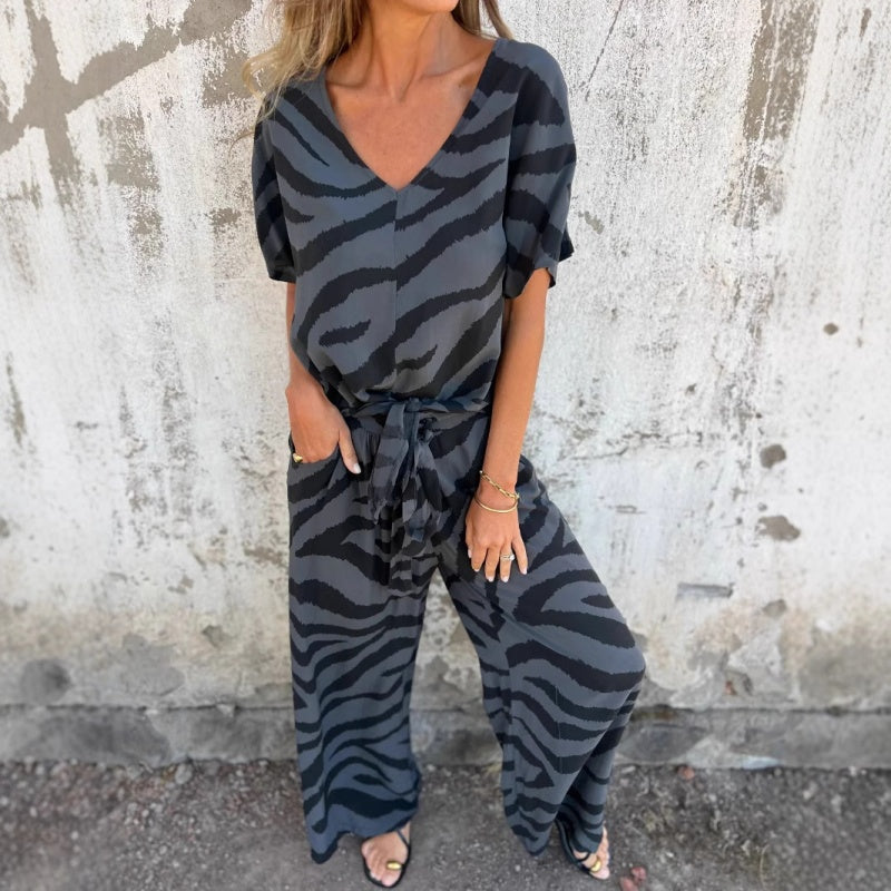 Alina - Ensemble top et pantalon à col en V imprimé zèbre