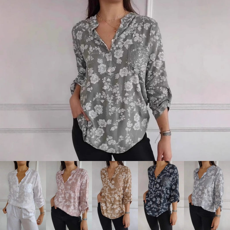 Avice - Blouse Florale à Manches Longues & Poche Scintillante