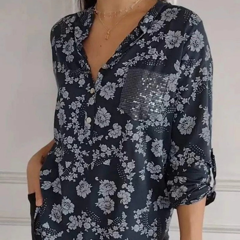 Avice - Blouse Florale à Manches Longues & Poche Scintillante
