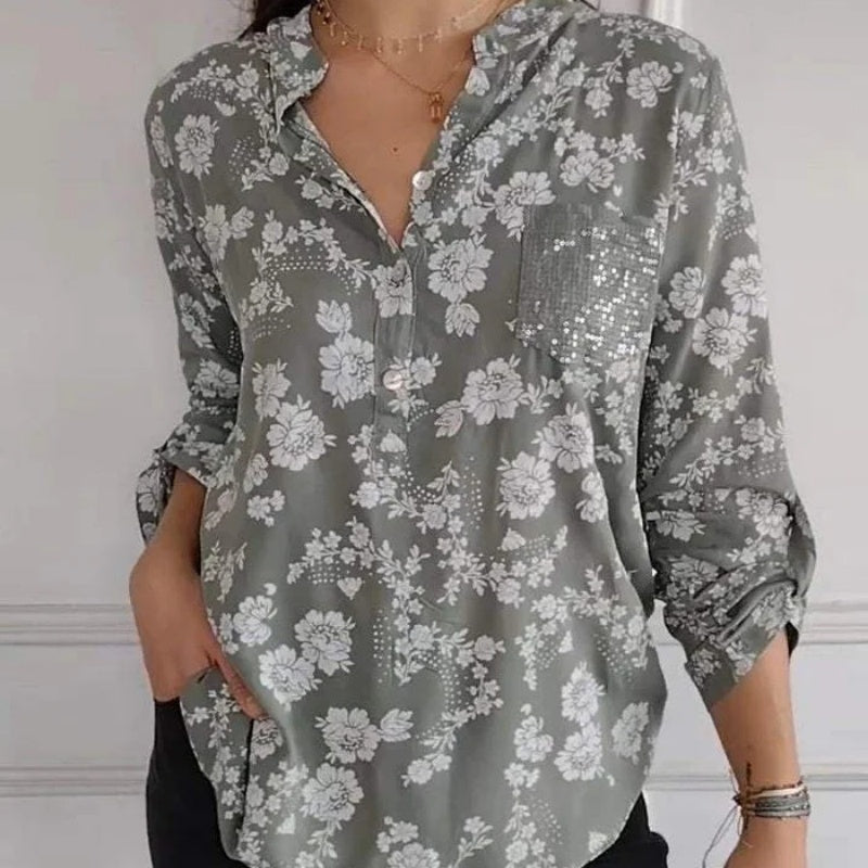 Avice - Blouse Florale à Manches Longues & Poche Scintillante