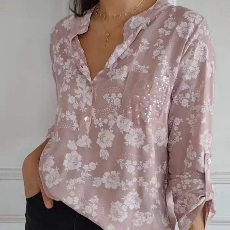 Avice - Blouse Florale à Manches Longues & Poche Scintillante