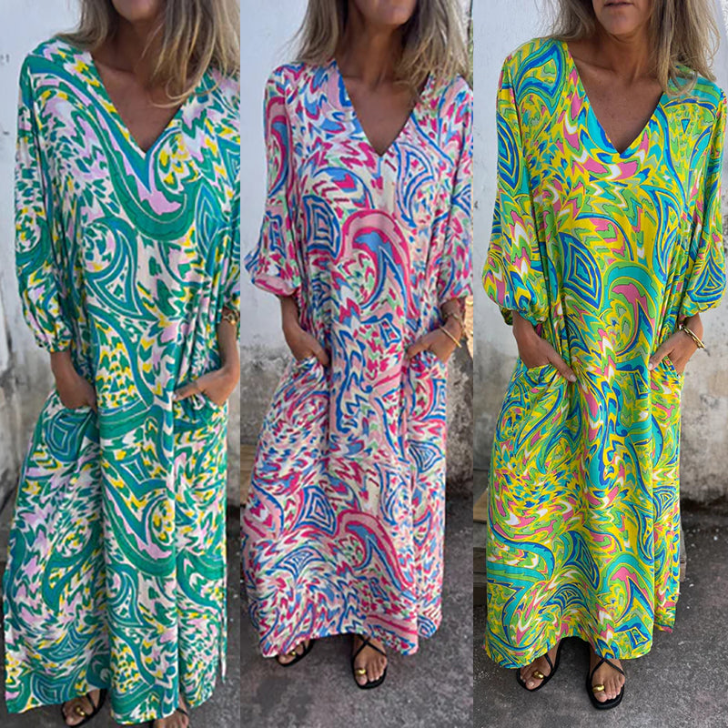 Herminie - Robe Longue Élégante à Imprimé Abstrait