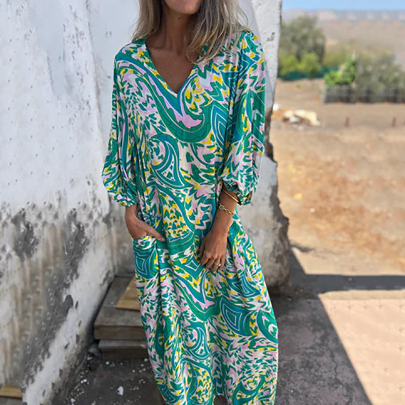 Herminie - Robe Longue Élégante à Imprimé Abstrait