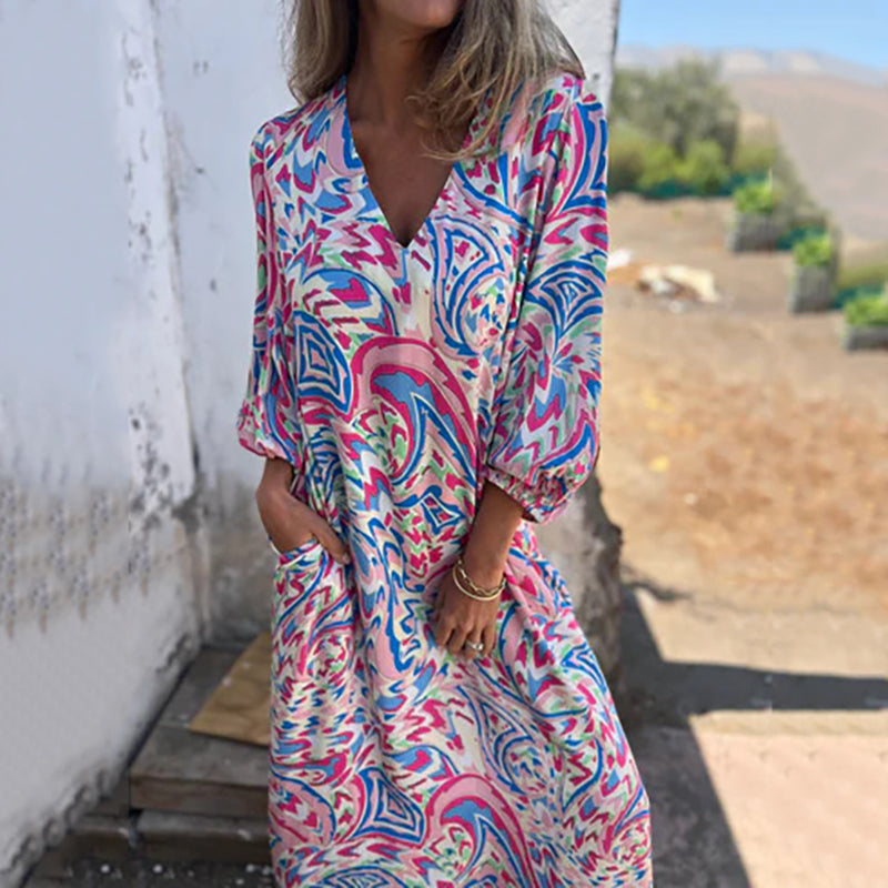 Herminie - Robe Longue Élégante à Imprimé Abstrait