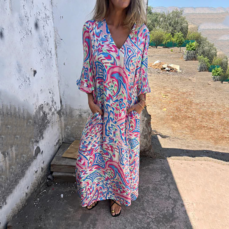 Herminie - Robe Longue Élégante à Imprimé Abstrait