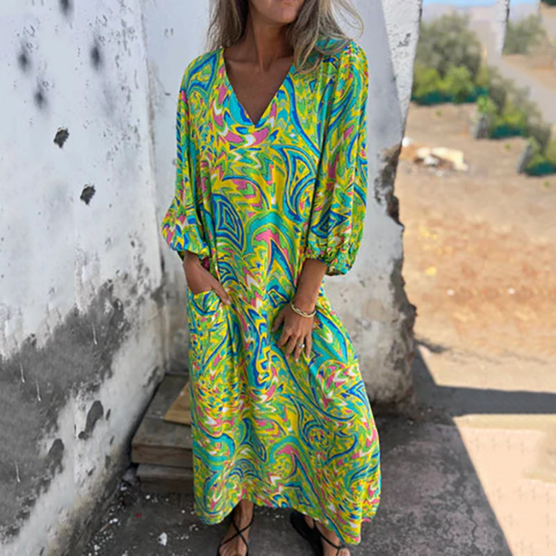 Herminie - Robe Longue Élégante à Imprimé Abstrait