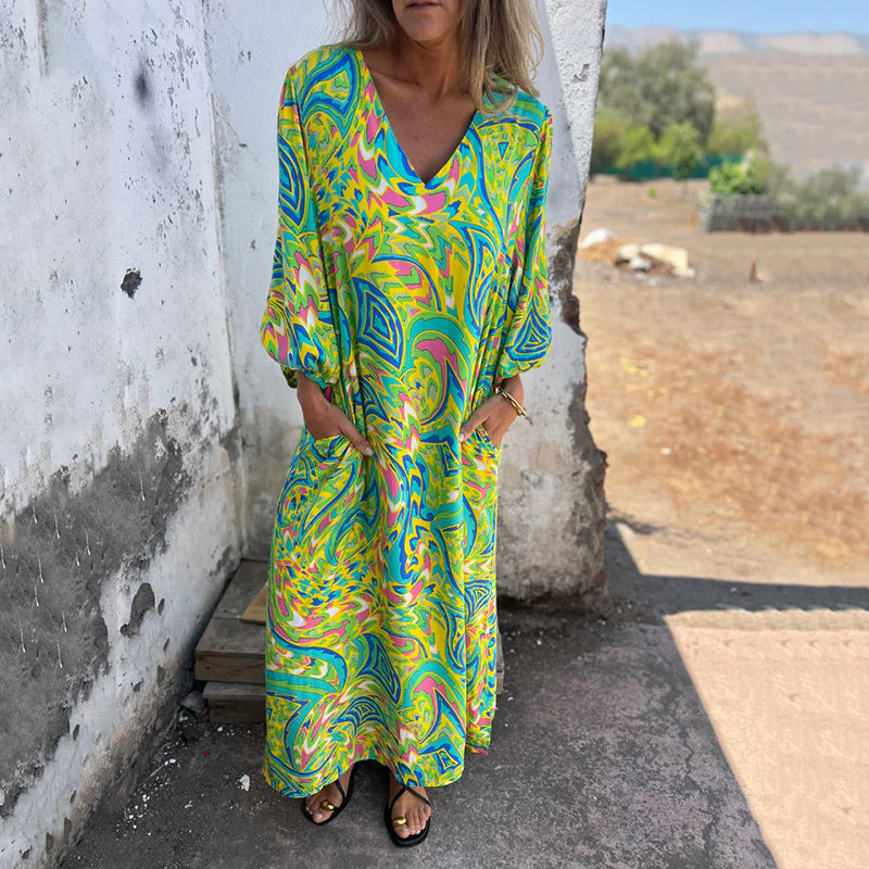 Herminie - Robe Longue Élégante à Imprimé Abstrait